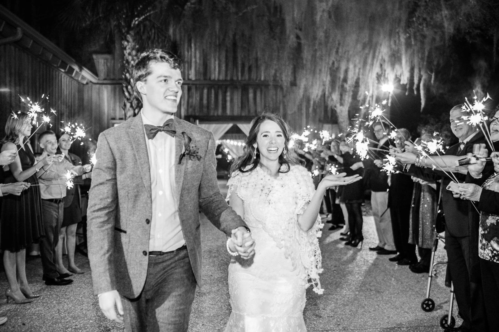Bride and groom have sparkler exit, Boone Hall Plantation, Charleston, South Carolina