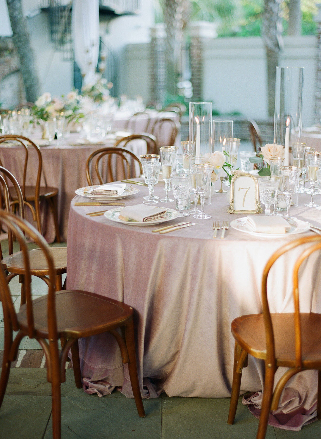 Wedding Reception table with place settings and candles at the Gadsden House