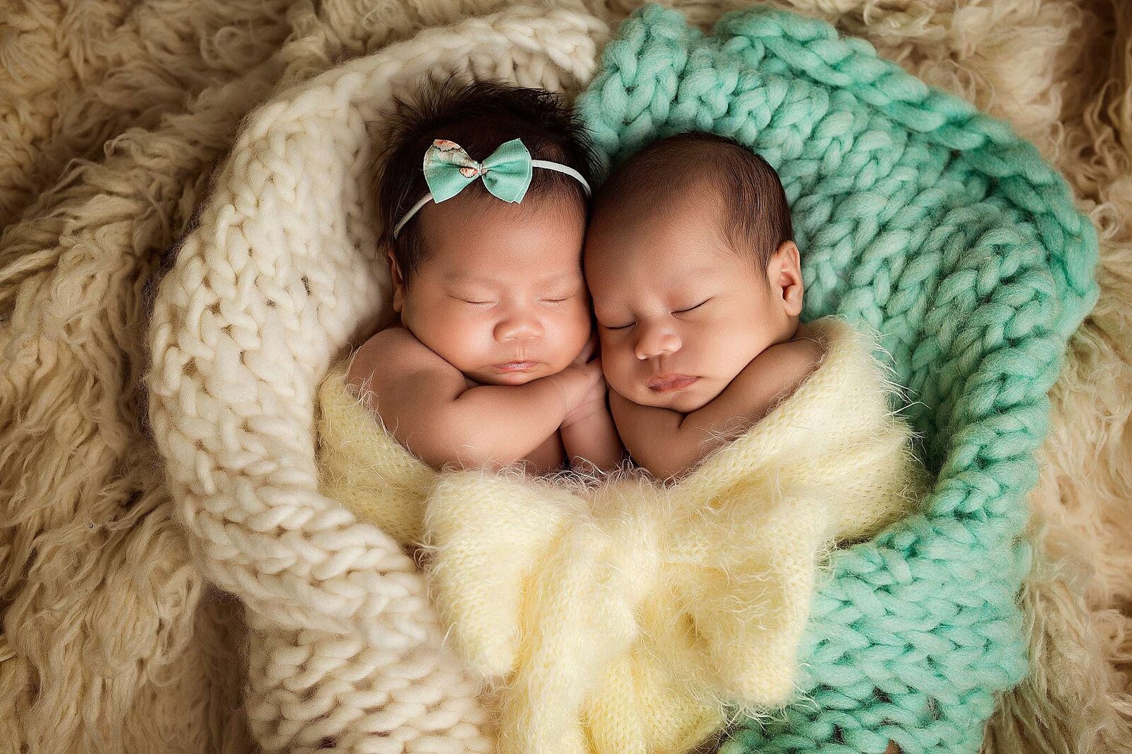 Serene image of twin newborns resting in a basket, showcasing the artistry of Bia Schaefer, Orlando's newborn photography specialist.