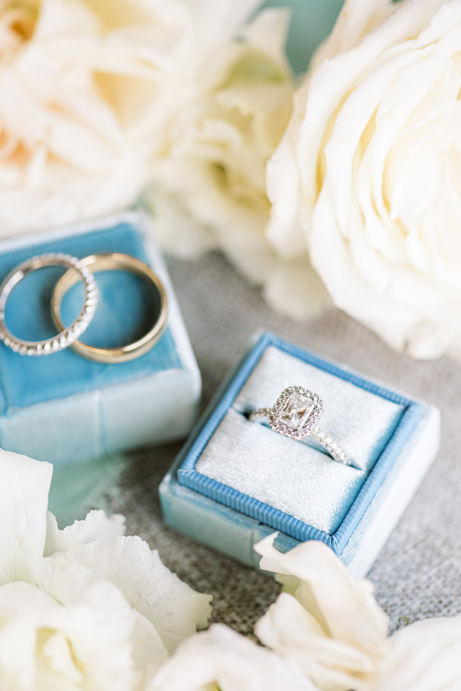 blue velvet Mrs. Box wedding detail photo