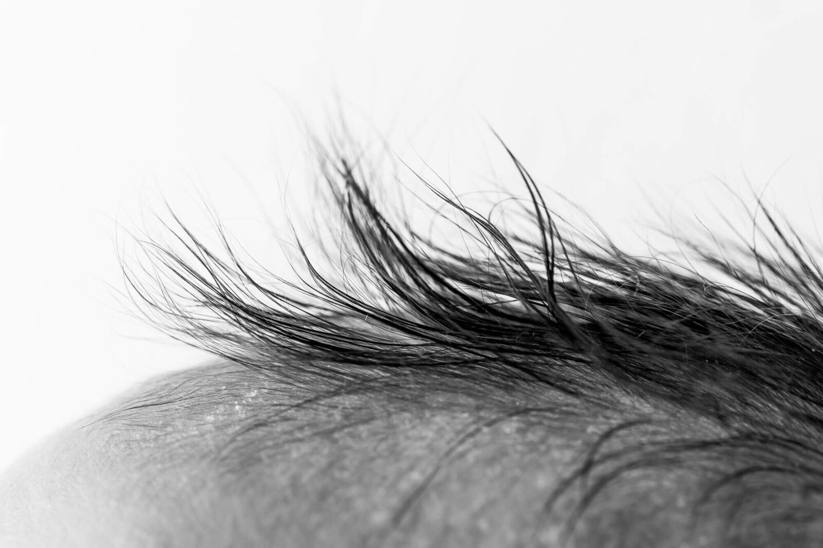 close-up black and white photograph of newborn hair whisp