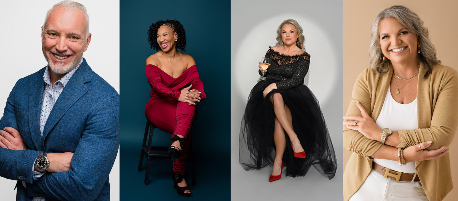 A collage of four professional portraits: a smiling man in a classic blue jacket with arms crossed on a white background, a joyful woman of color in her 50s wearing a red jumpsuit laughing while seated, a woman in a black dress and red heels celebrating her 40th birthday under a spotlight, and a mature woman in a tan and white outfit confidently crossing her arms against a tan background.