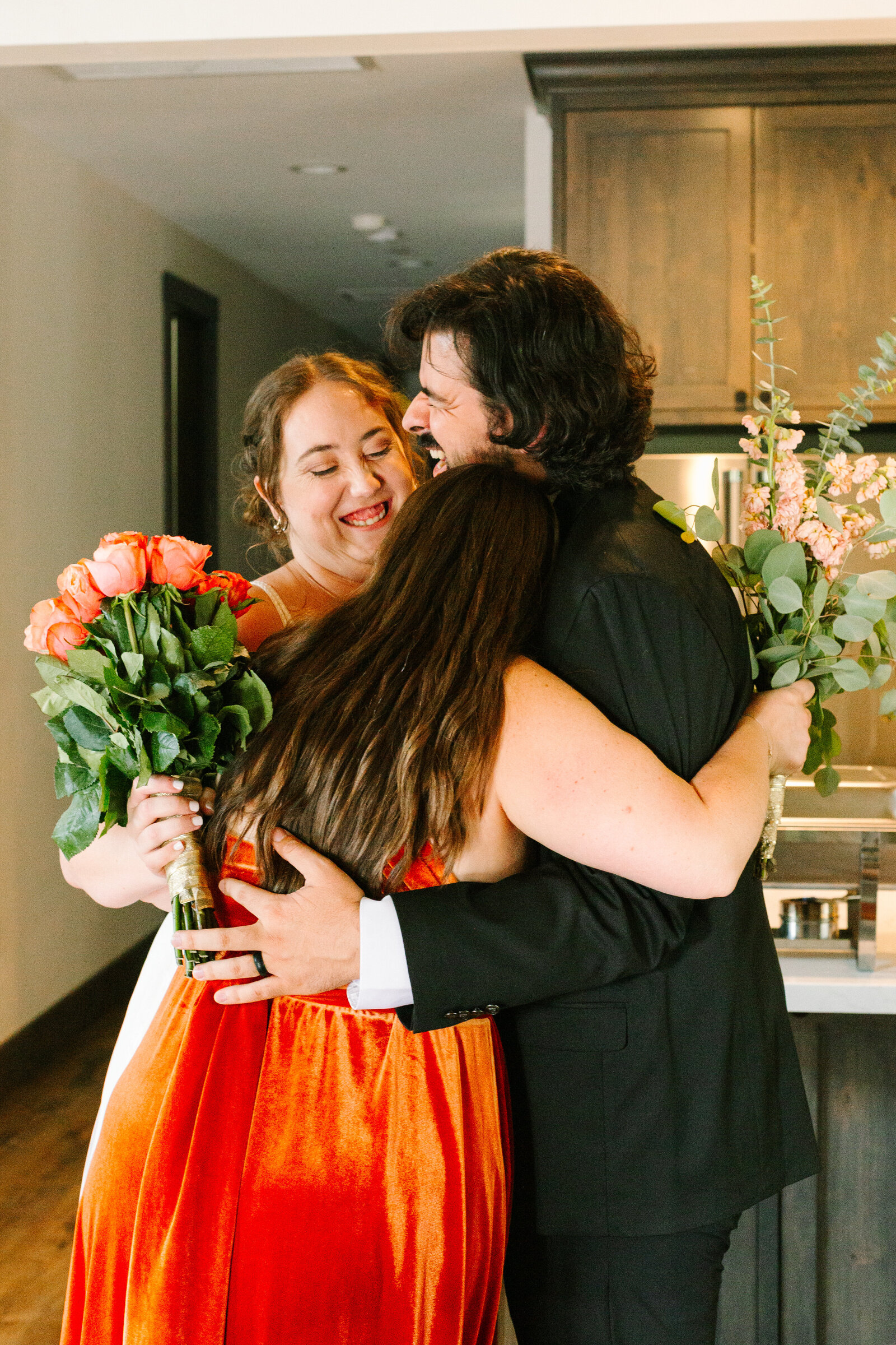 A couple celebrates their intimate elopement at a cabin at Big Bear Lake, California.