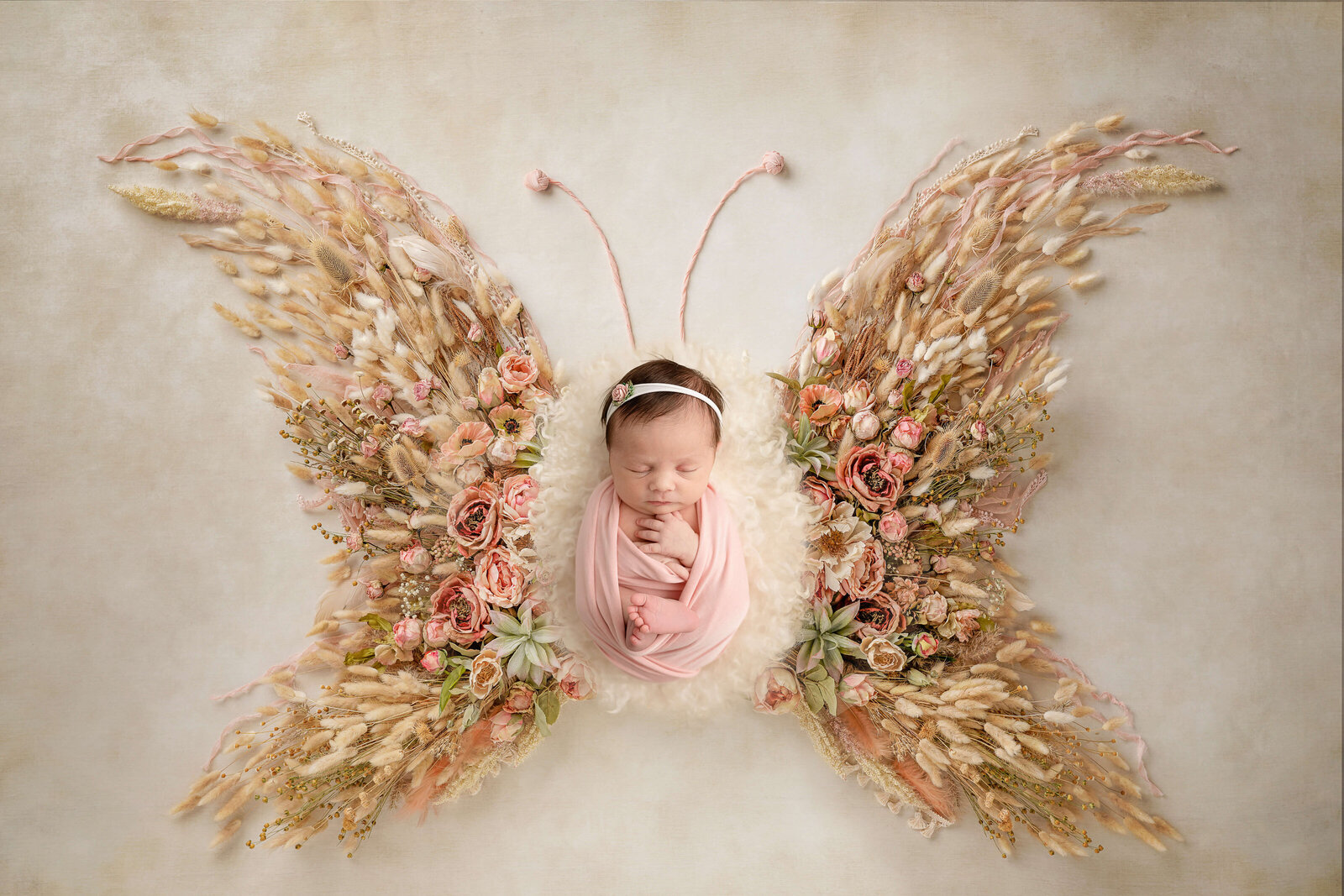 Baby girl sleeping wearing a pink swaddle with a headband of pearls with a butterfly background