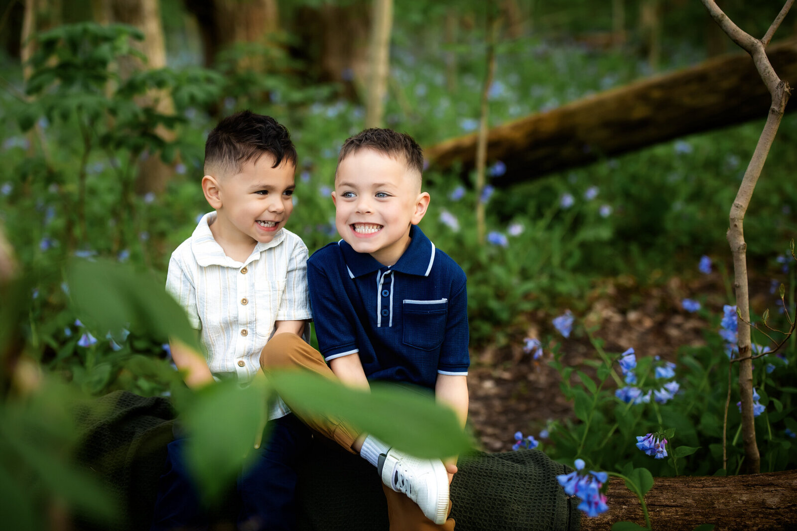Two young boys sit close together on a fallen log in a forest, smiling and laughing. Captured by a Bloomington family photographer, they are surrounded by green foliage and purple wildflowers—perfect outdoor portraits of childhood joy.