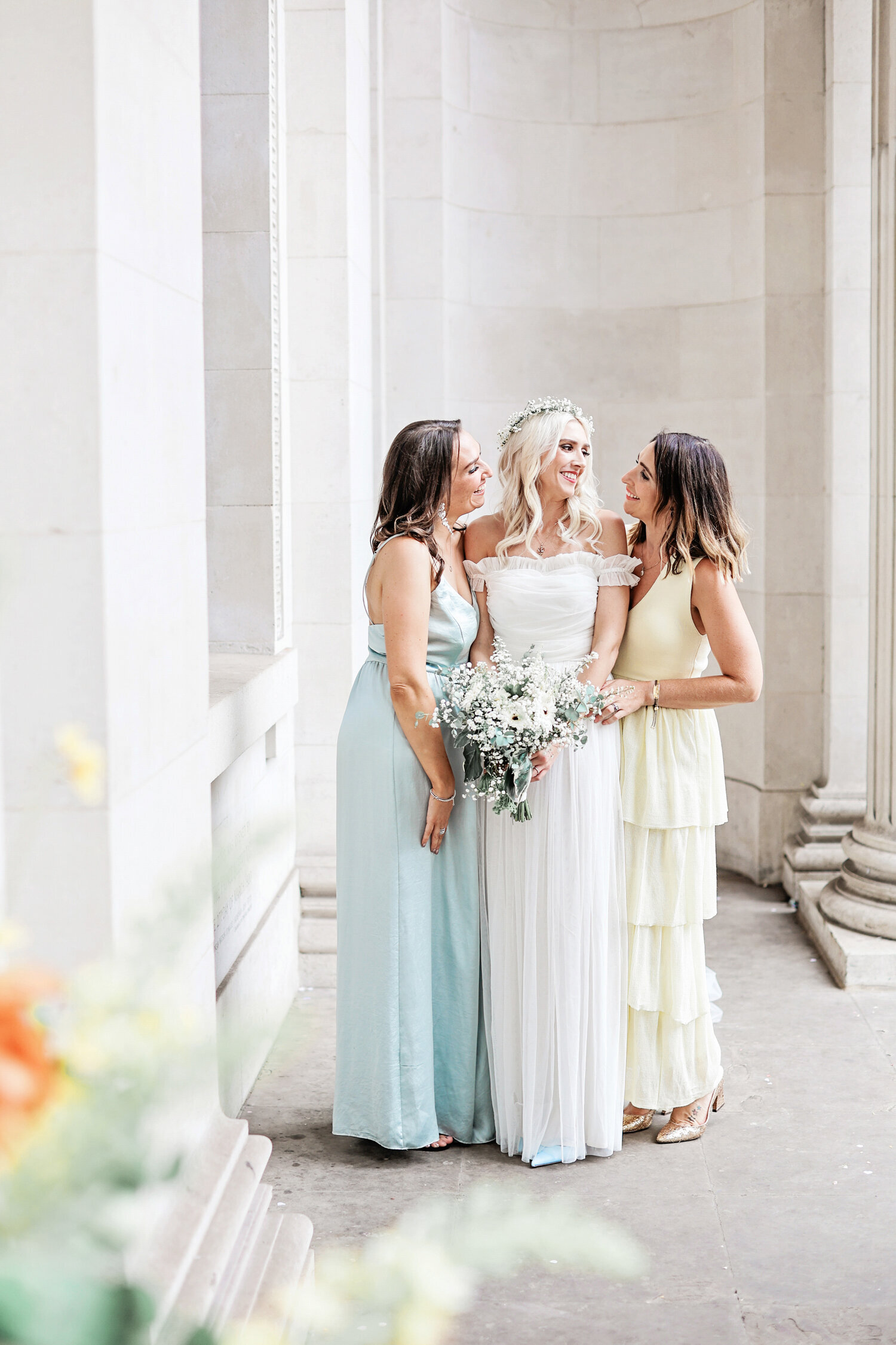 Marylebone-Town-Hall-wedding-pastel-bridesmaid-dresses