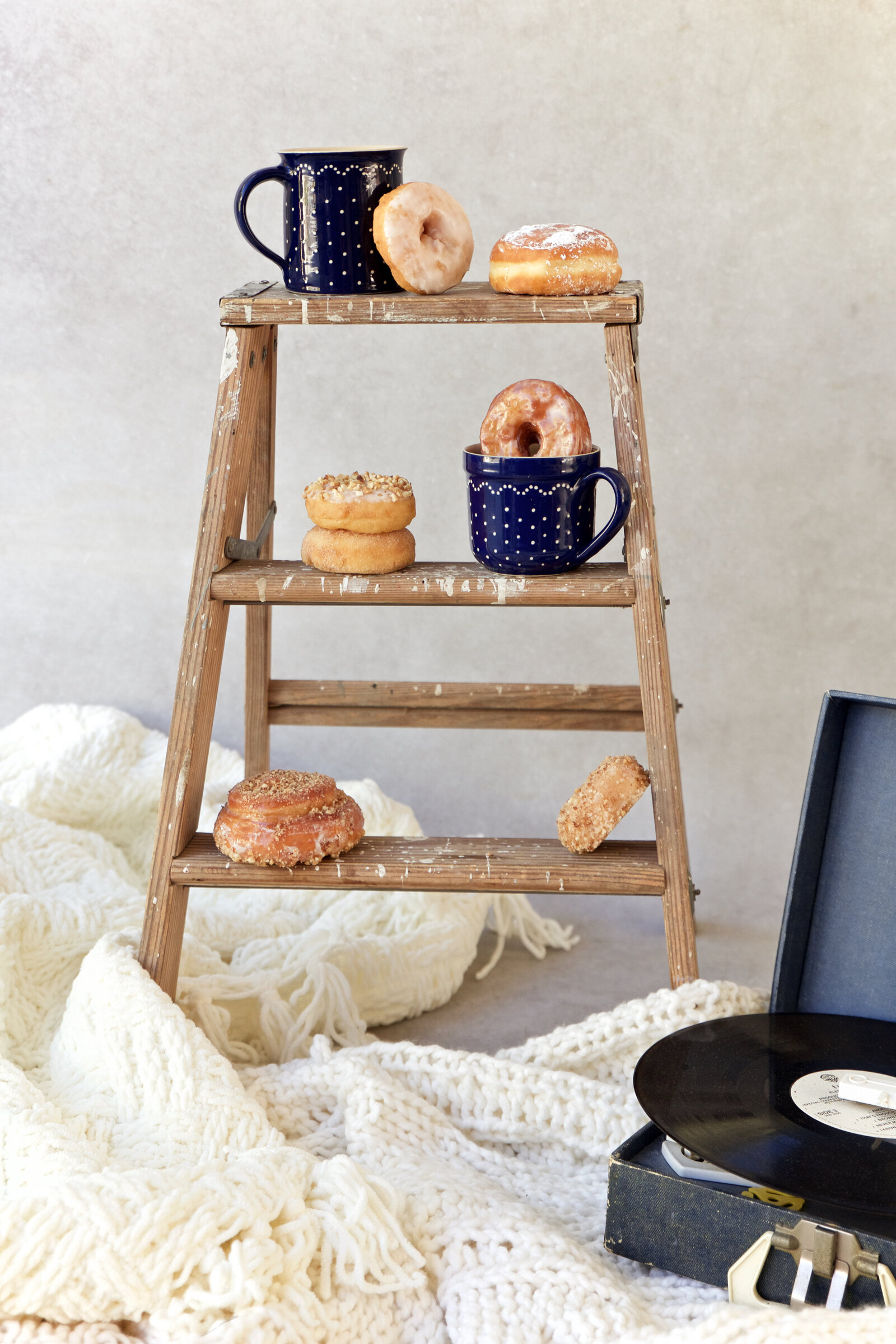 Rustic Ladder with Donuts and Etsy Coffee Mugs by Product Photographer Chelsea Loren