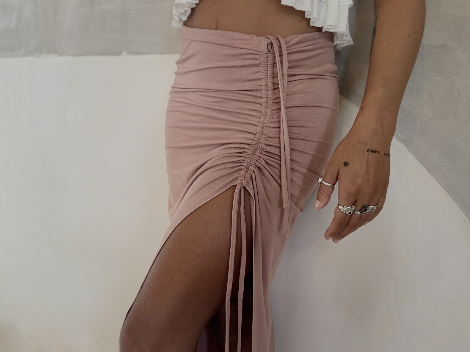 The Perfect Skirt. - yoga retreat collection - side split gathered waist detail - dusty rose - yinside yoga bali wholesale supplier Indonesia