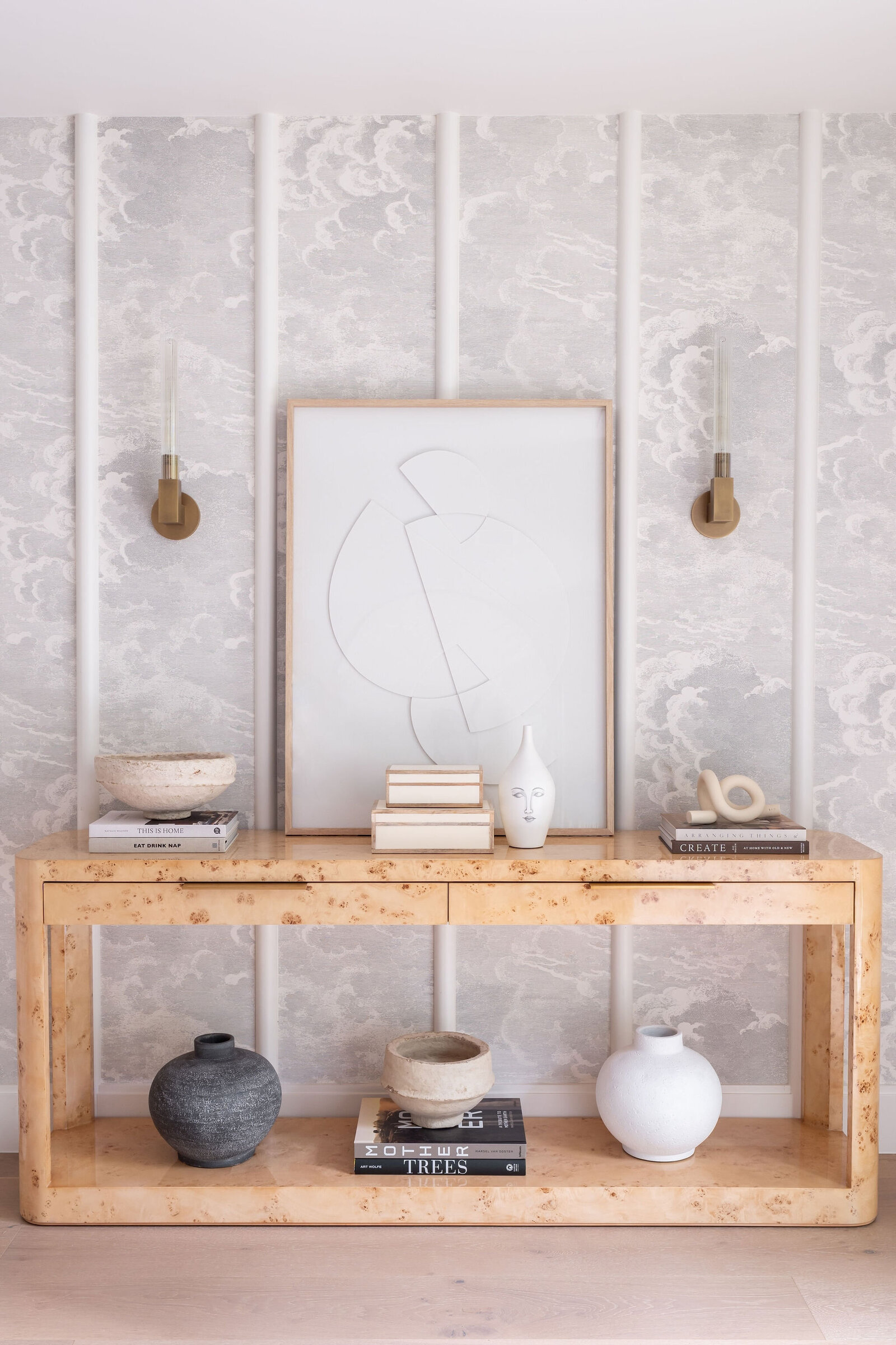 Nuela+Designs+Entry+Interiors+Westlake+Burl+Wood+Console+Restoration+Hardware+Styling