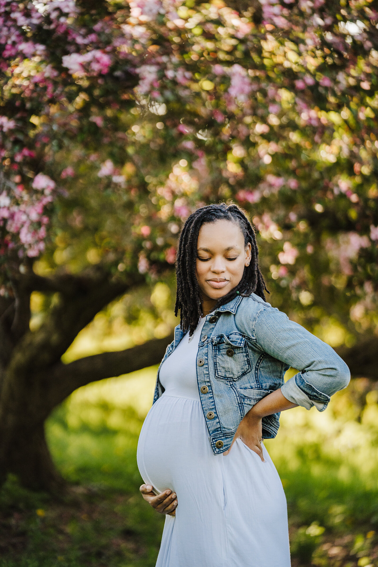 pregnant woman stands below flowering tree