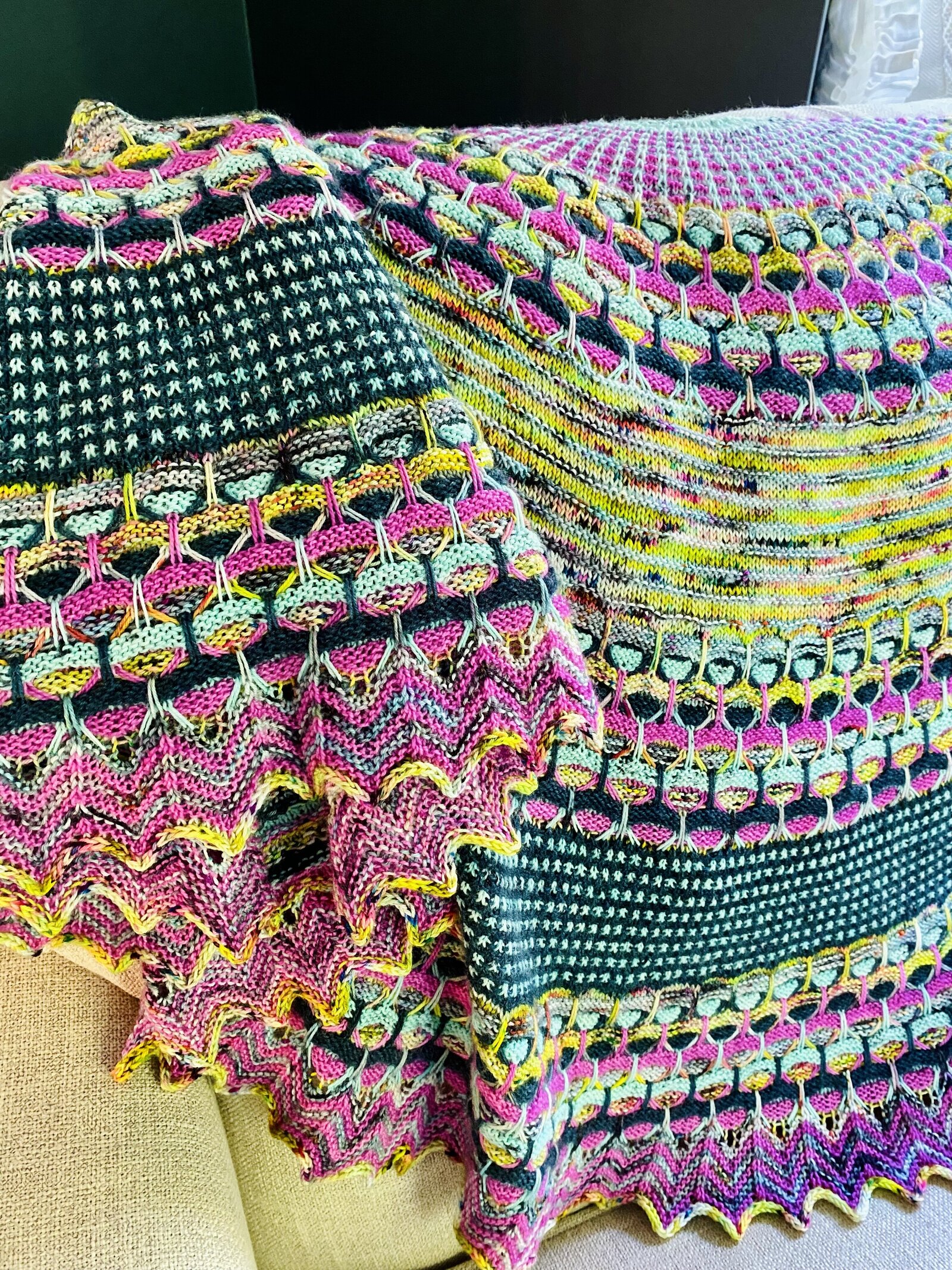 Colorful hand knit shawl
