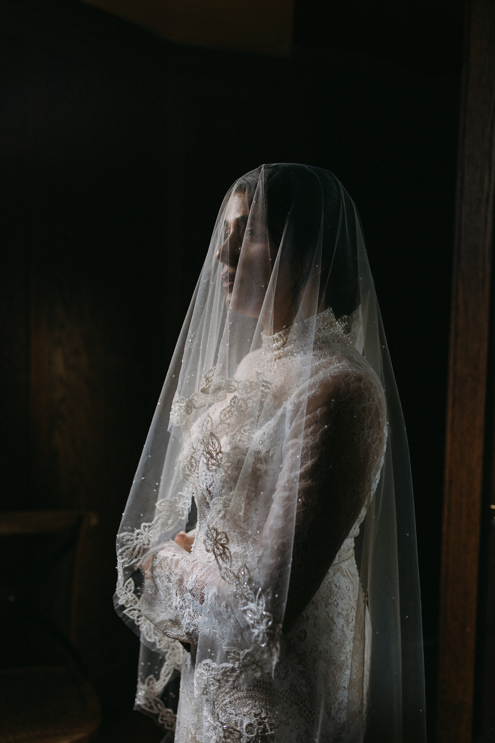 Bride underneath her antique lace-edged wedding veil.
