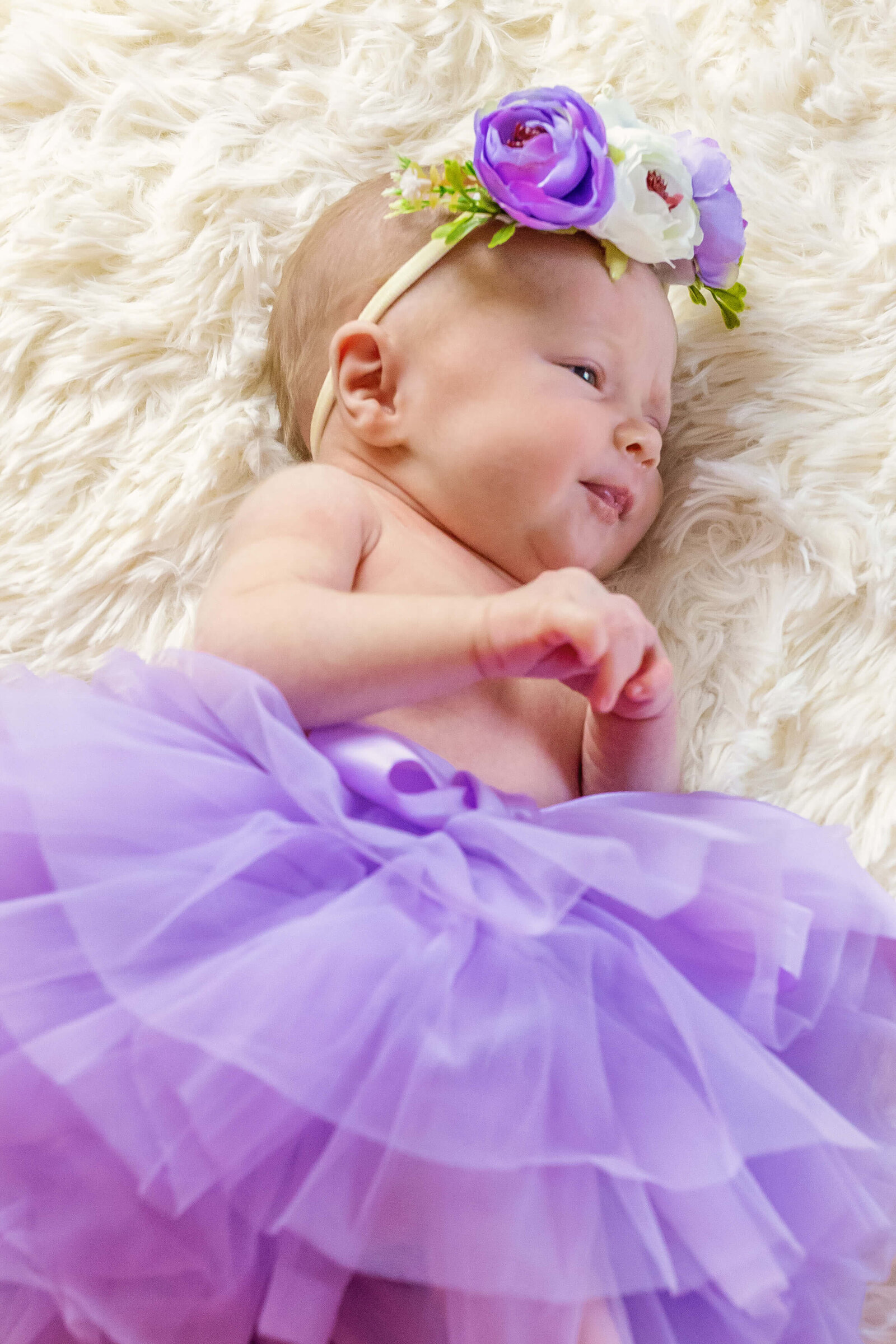 A newborn girl in a purple tutu and headband during a Manassas newborn session.