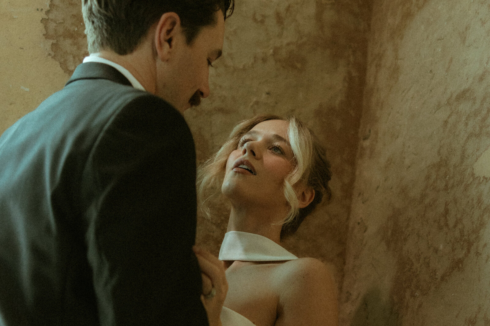 bride and groom cinematic portrait