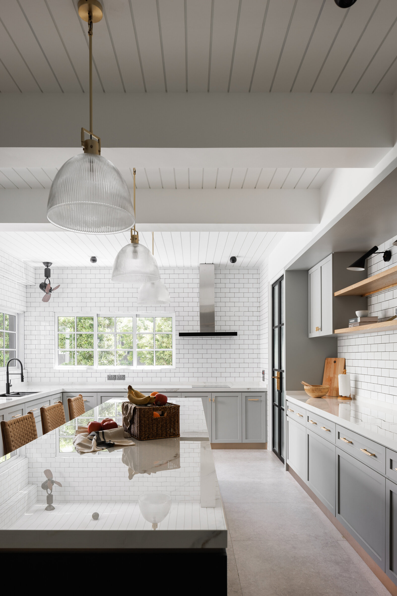 wide angle view of kitchen with island