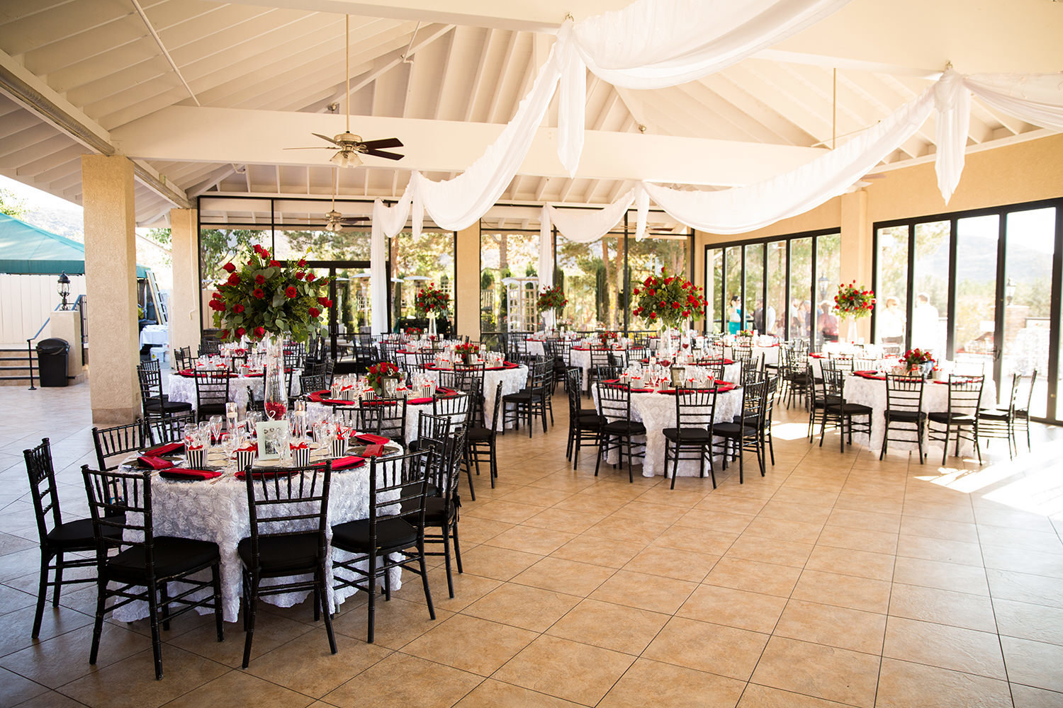 red black and white reception room