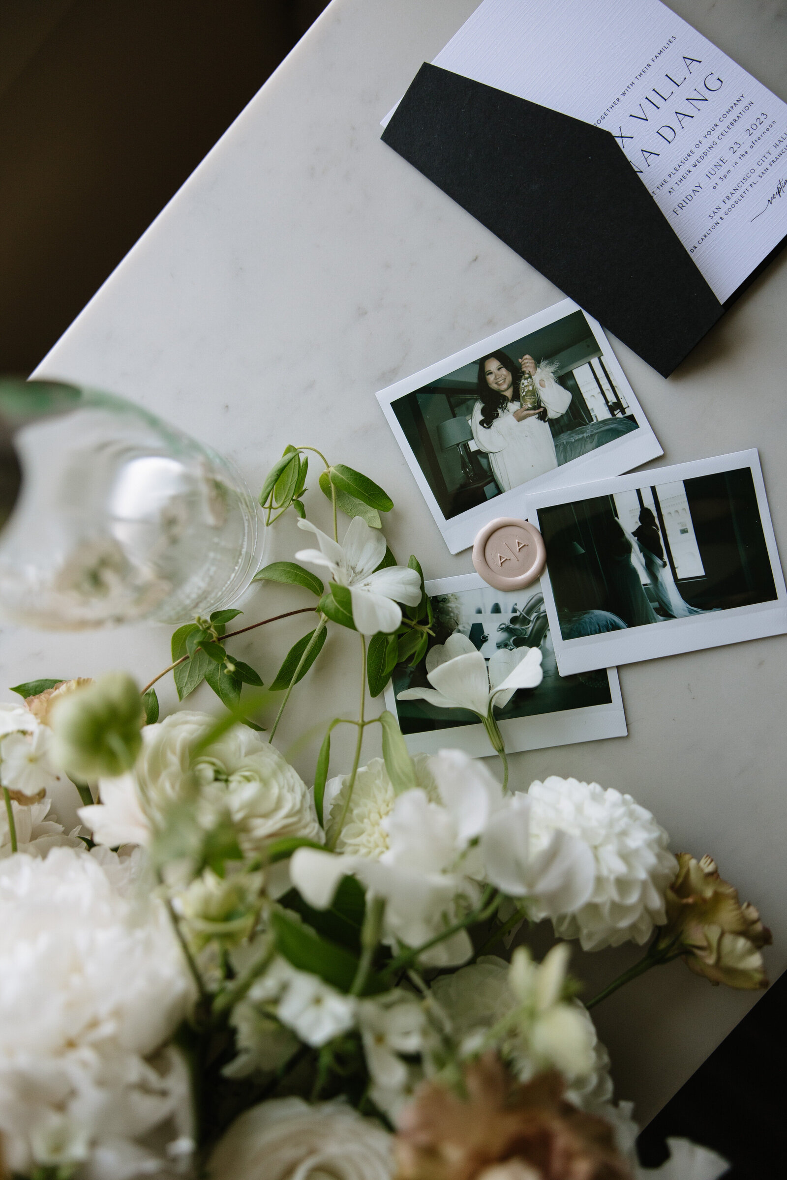 Polaroid images with flowers taken by Northern California wedding photographers