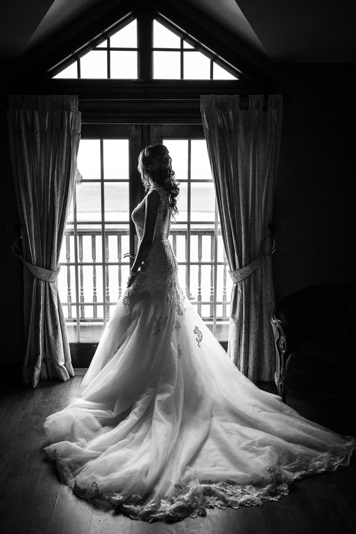 Dramatic silhouette of bride and bridal gown at Sprucewood Shores Winery in Leamington Ontario.