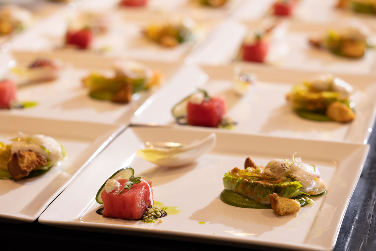 Watermelon and tuna cubes on white plates

