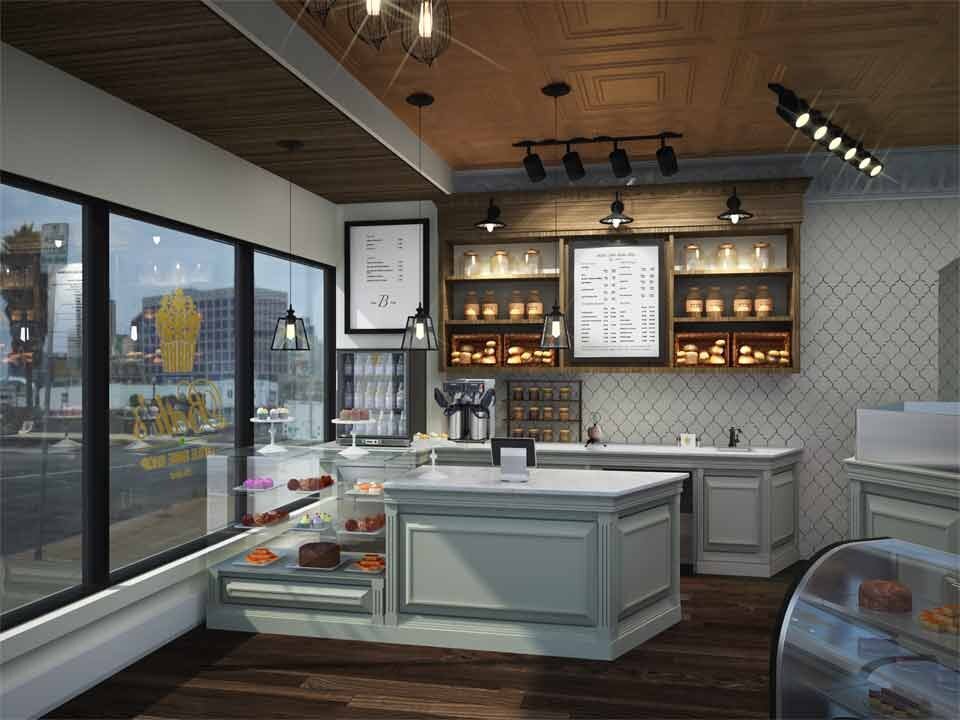 Modern bakery design with patterned walls and wooden built in shelves