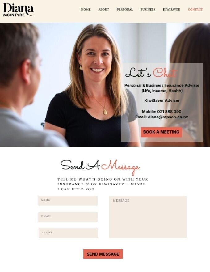 Contact and lead form page on Diana McIntyre’s personal brand website — inviting new insurance and KiwiSaver clients to connect.