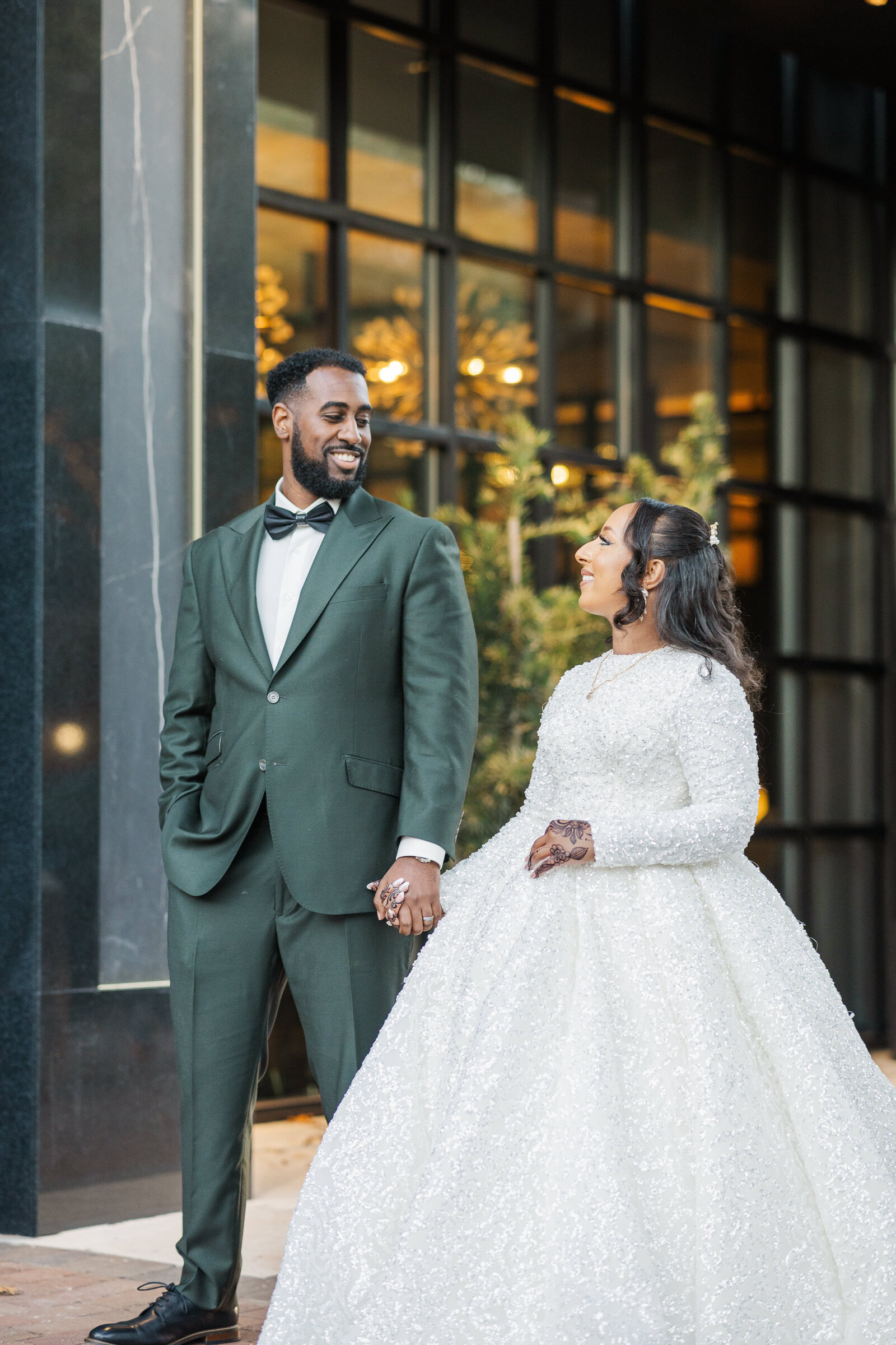 Bride and groom solo photoshoot outdoors before wedding