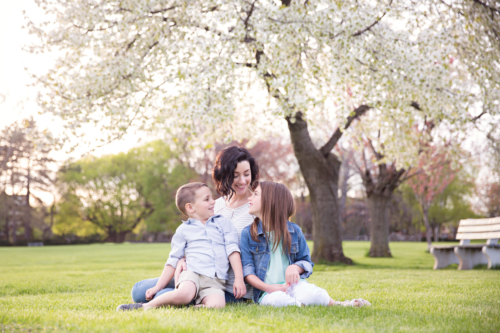 mom and kids sitting on grass in front of sakura blossom tree