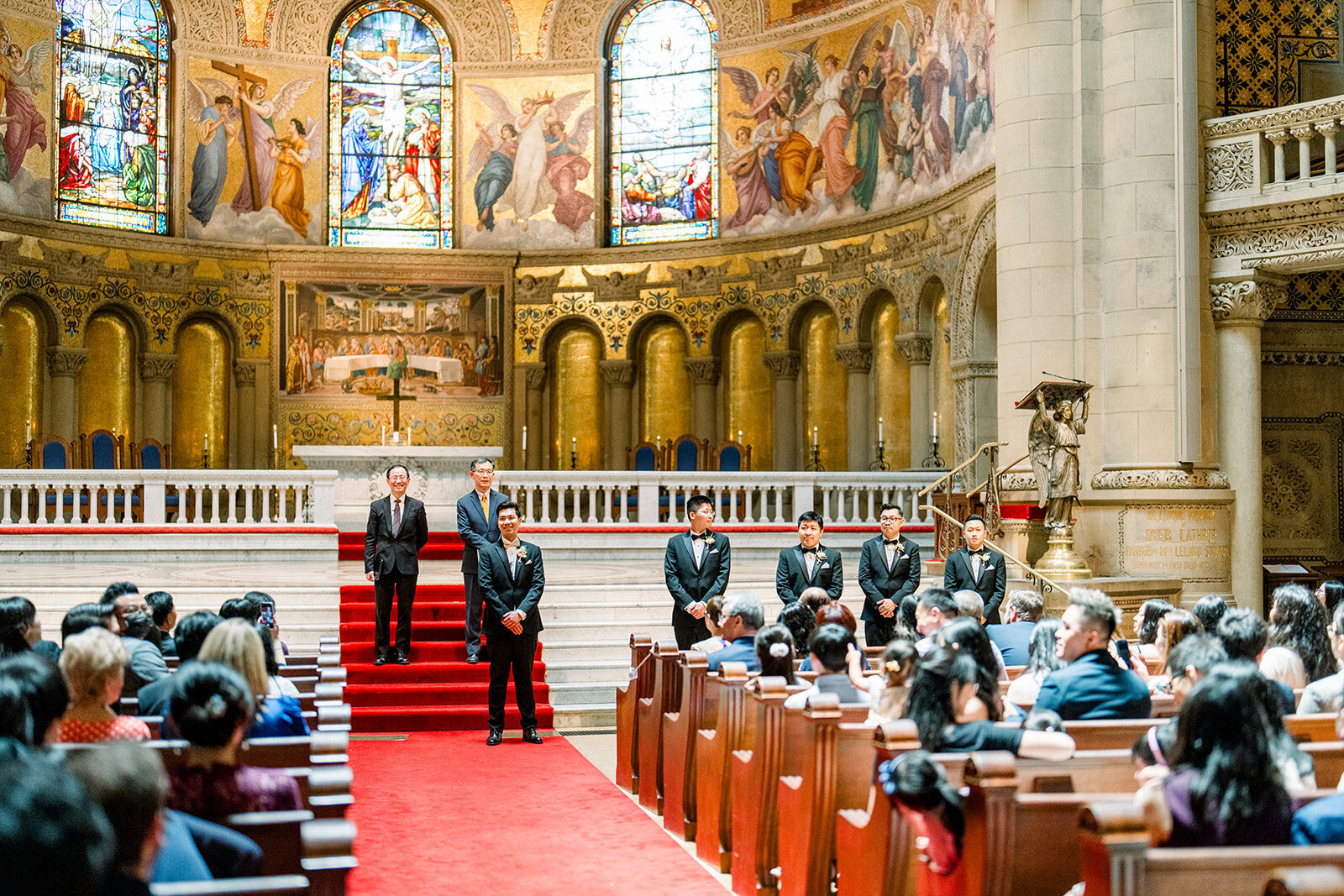 A grand wedding ceremony unfolds at the iconic Stanford Memorial Church, filled with elegance and grace.