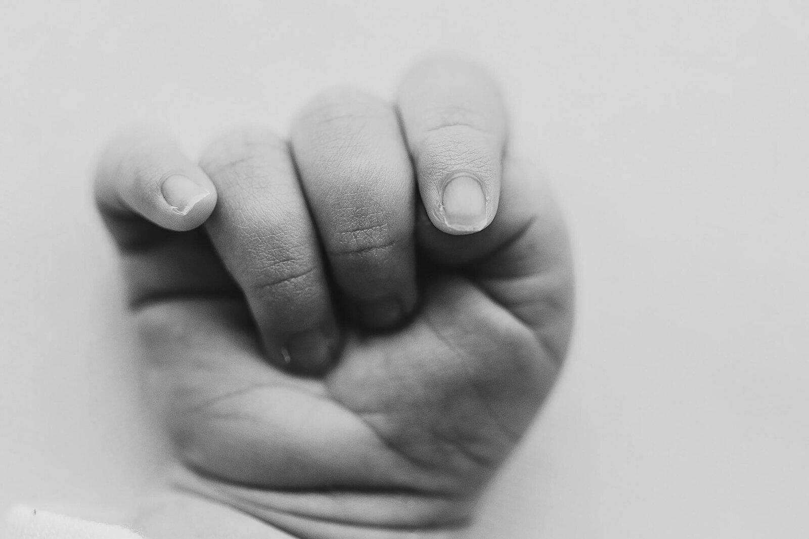 a close up of a newborn hand in black and white
