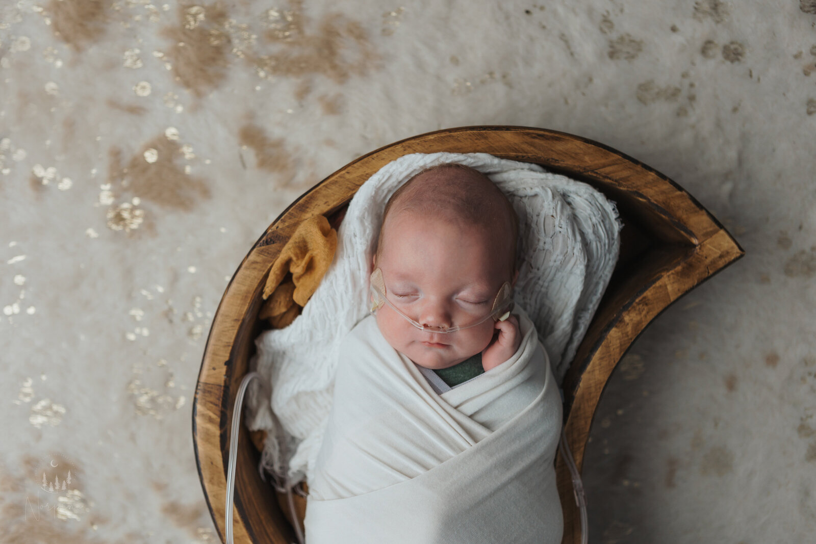 a newborn boy in a wooden moon bowl, on a sparkly cowhide rug. The boy is laying on his back, with his hand near his face, sleeping. Image taken by norpine photography