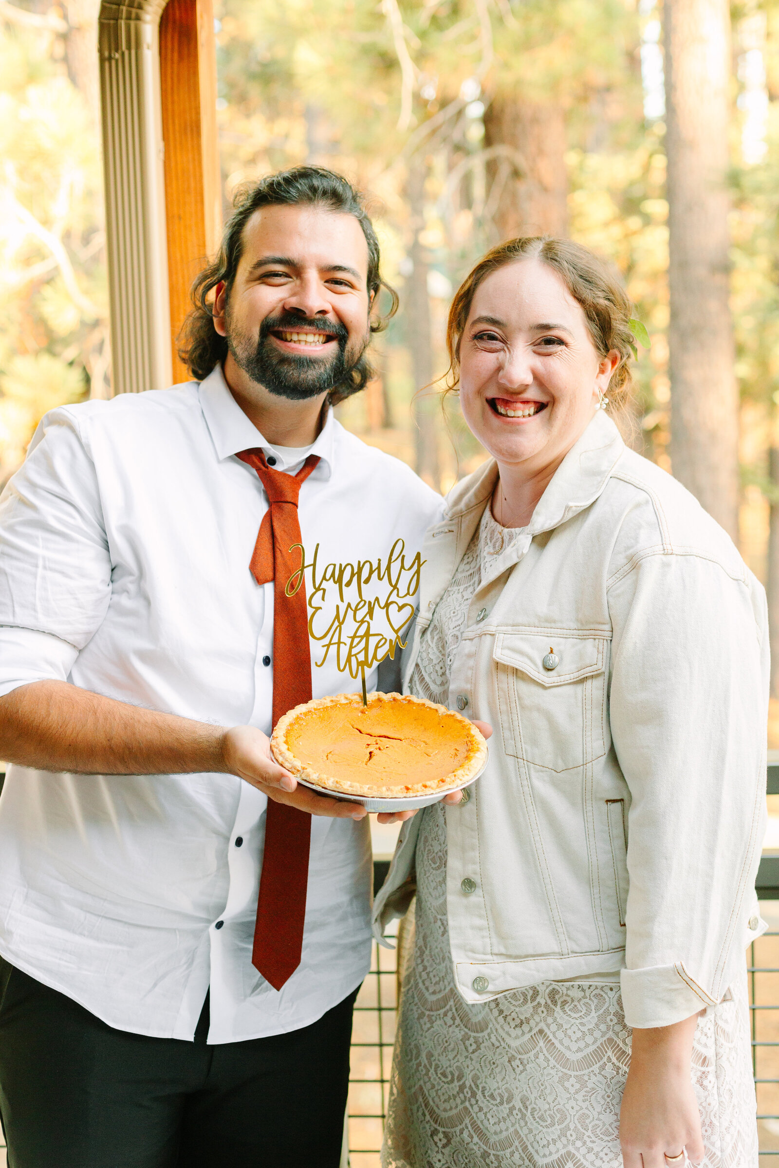 A couple celebrates their intimate elopement at a cabin at Big Bear Lake, California.