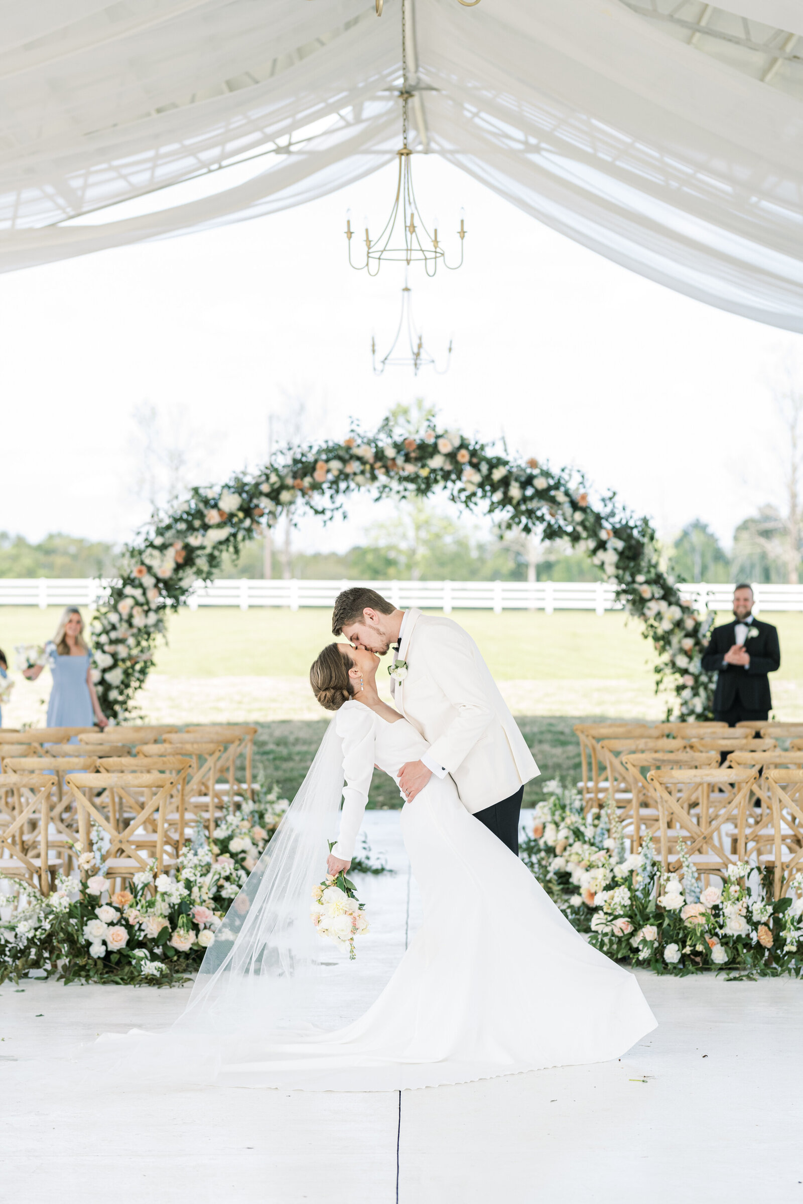 elegant spring wedding inspiration floral arch Gracewood Manor Augusta GA
