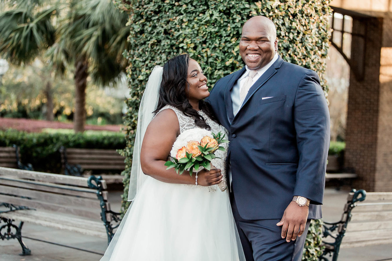 Bride and groom have first look, South Carolina Aquarium, Charleston, South Carolina