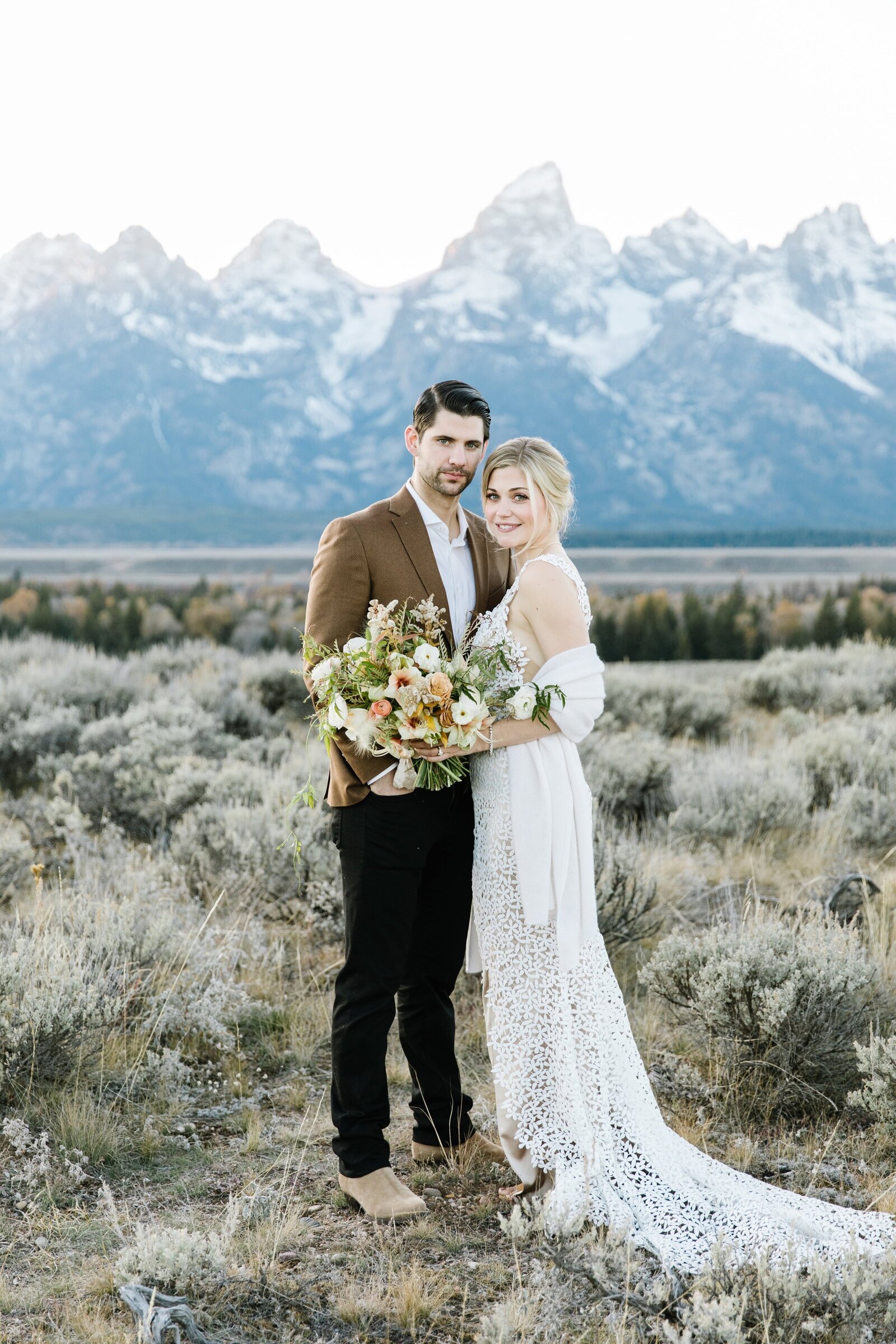 wedding photo in front of grand tetons