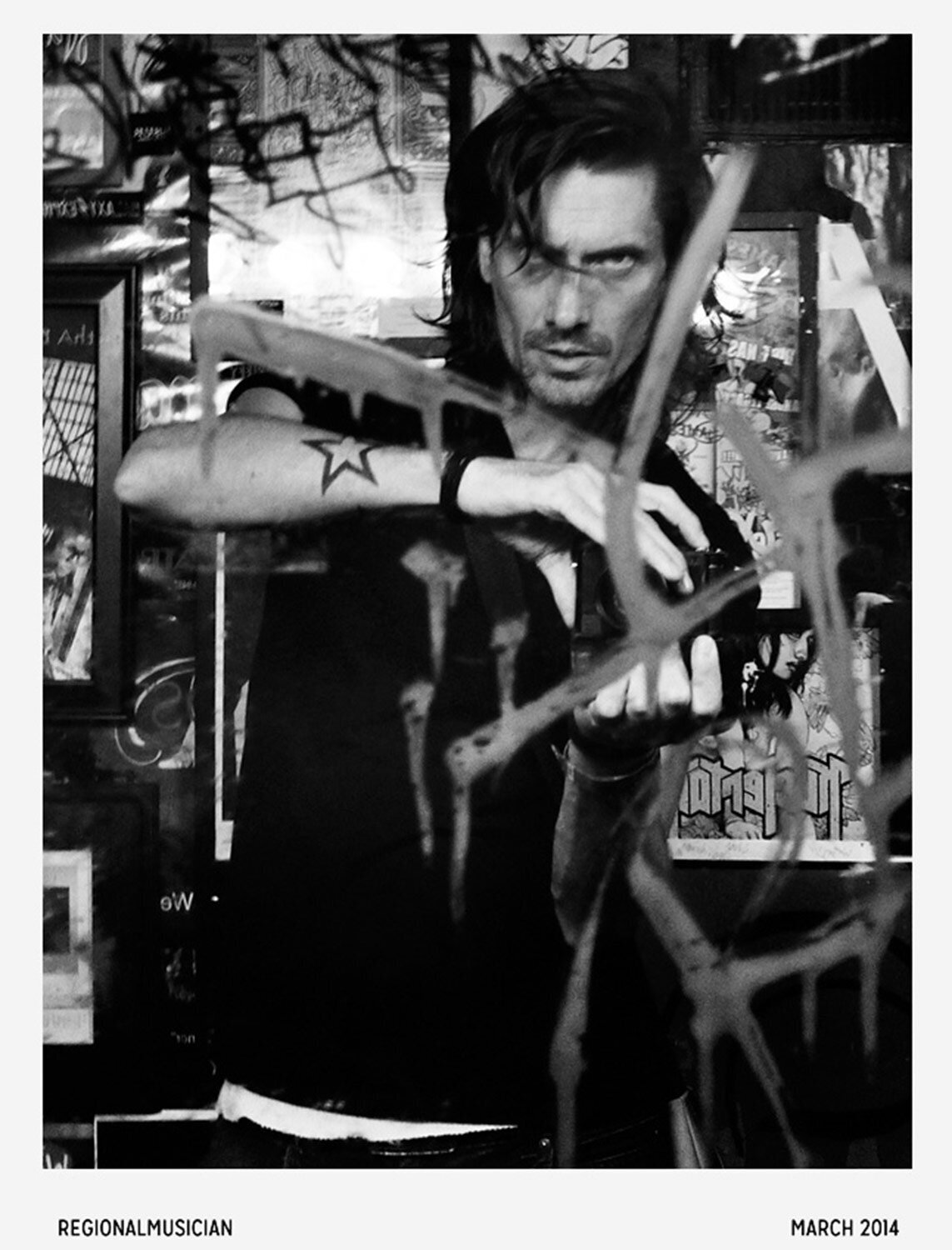 Interview featuring Los Angeles Photographer Mark Maryanovich Regional Musician Magazine black and white self portrait in graffitied mirror page 7
