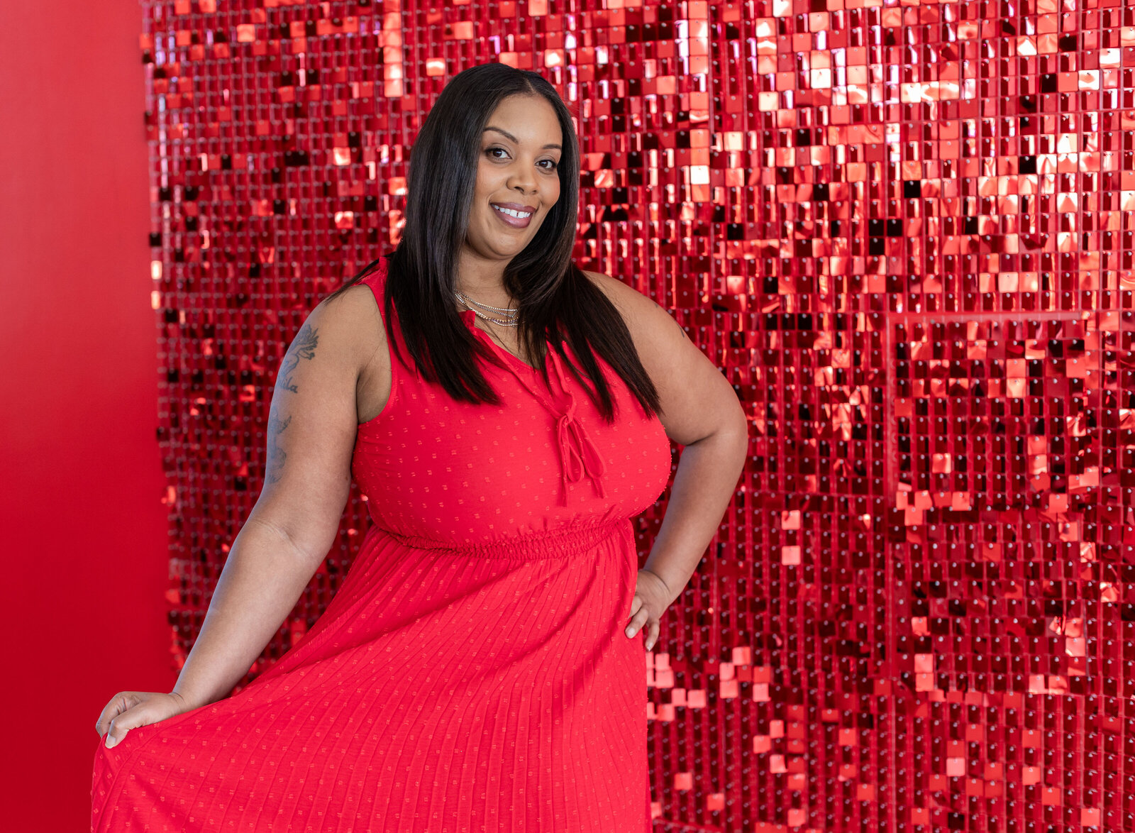 woman with red dress dazzling