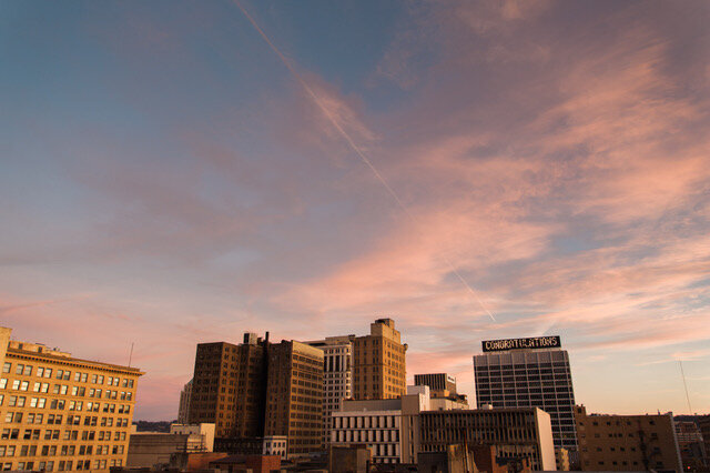 Birmingham rooftop wedding skyline November sunset
