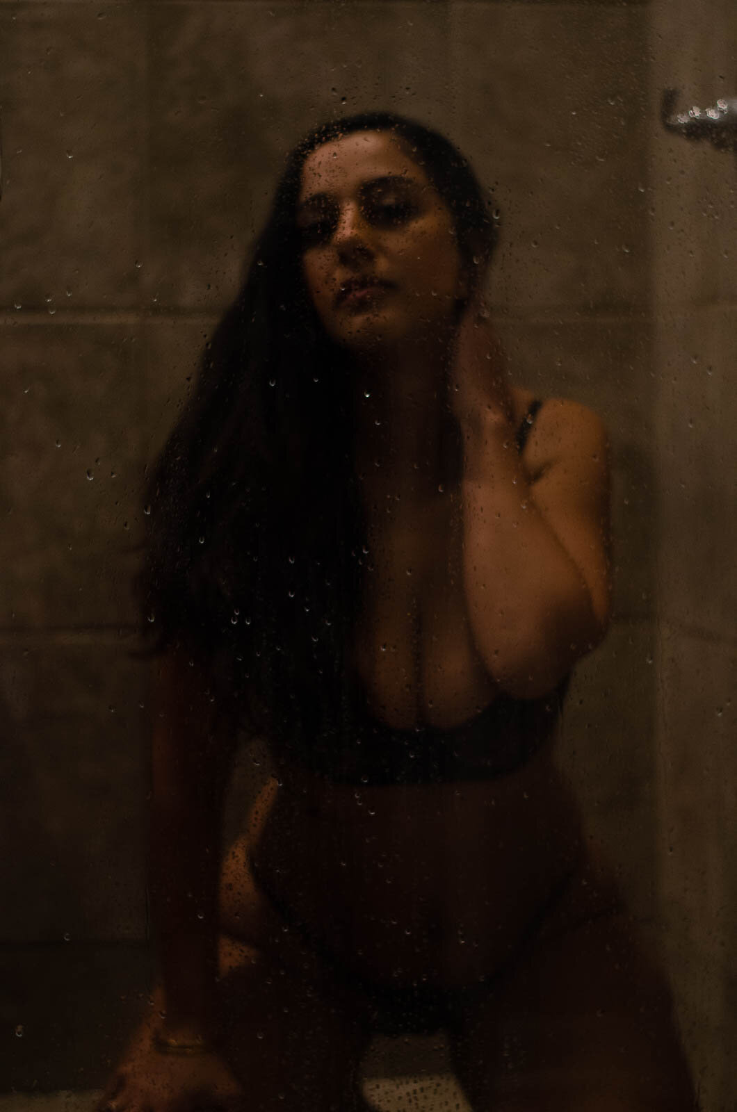 woman in lingerie in shower