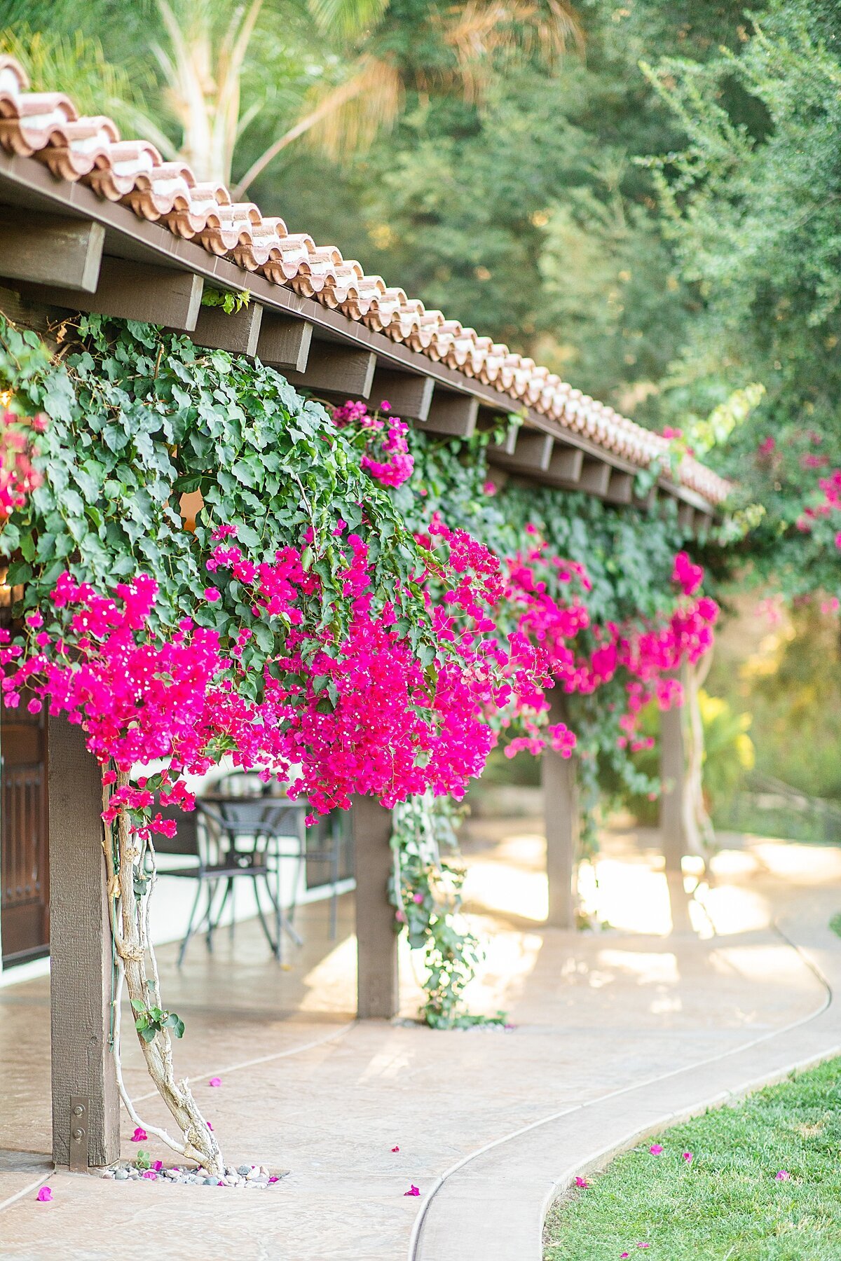 Bright pink hanging florals at Circle Oak Ranch Estate getting ready room.
