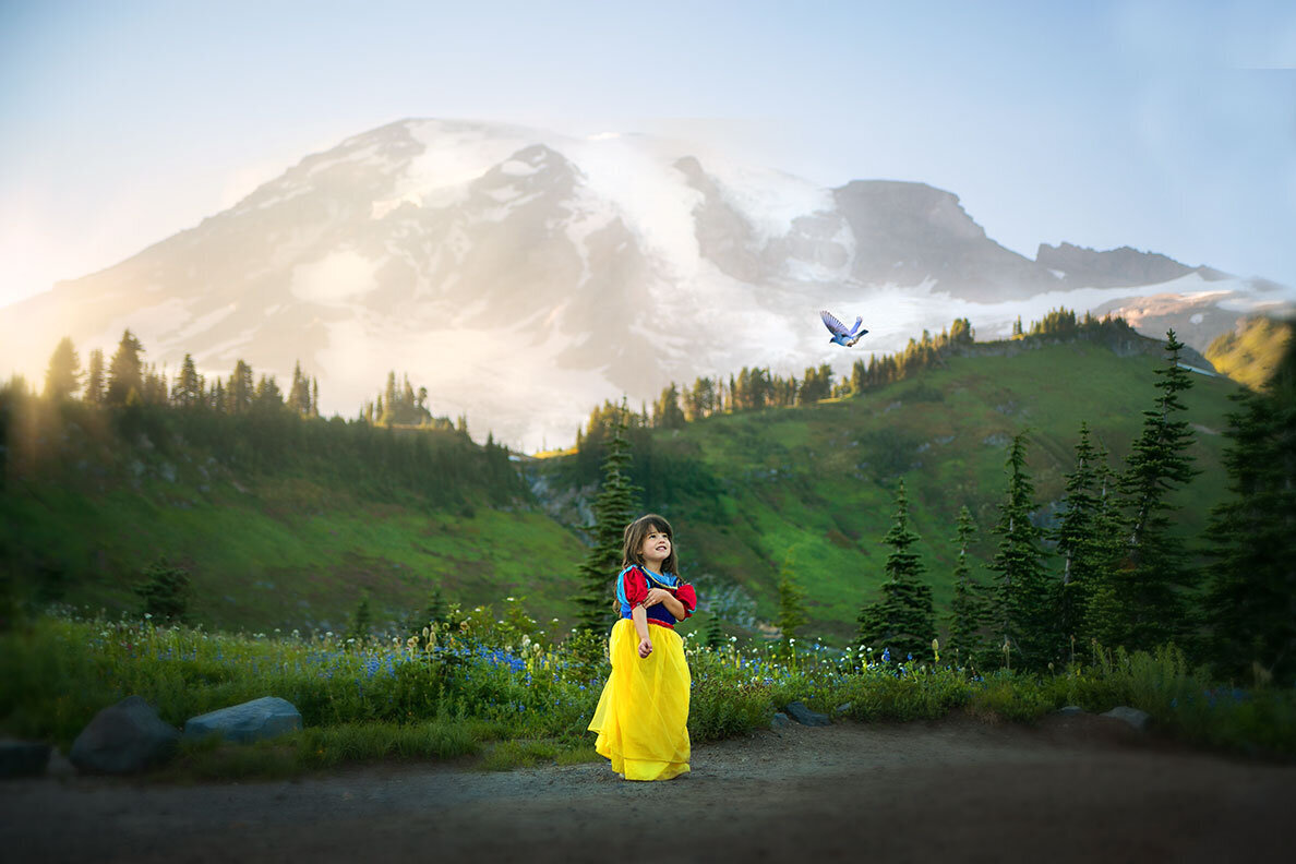 snow-white-little-girl-mount-rainier-national-park-washington-mountain-bluebird-dress-up-imaginative-creative-rv-family-road-trip-kids-family-of-six