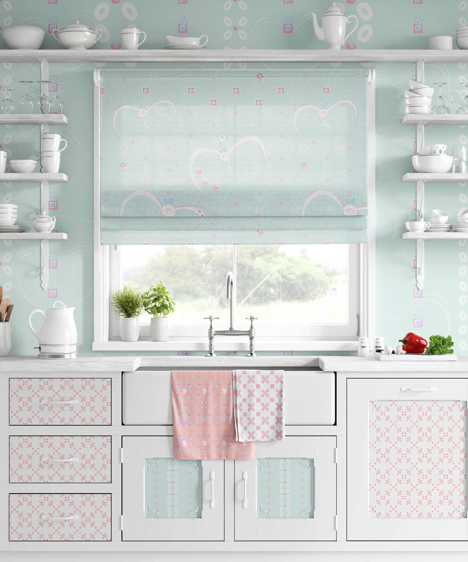 Bright kitchen with patterned cabinets and kitchen towels