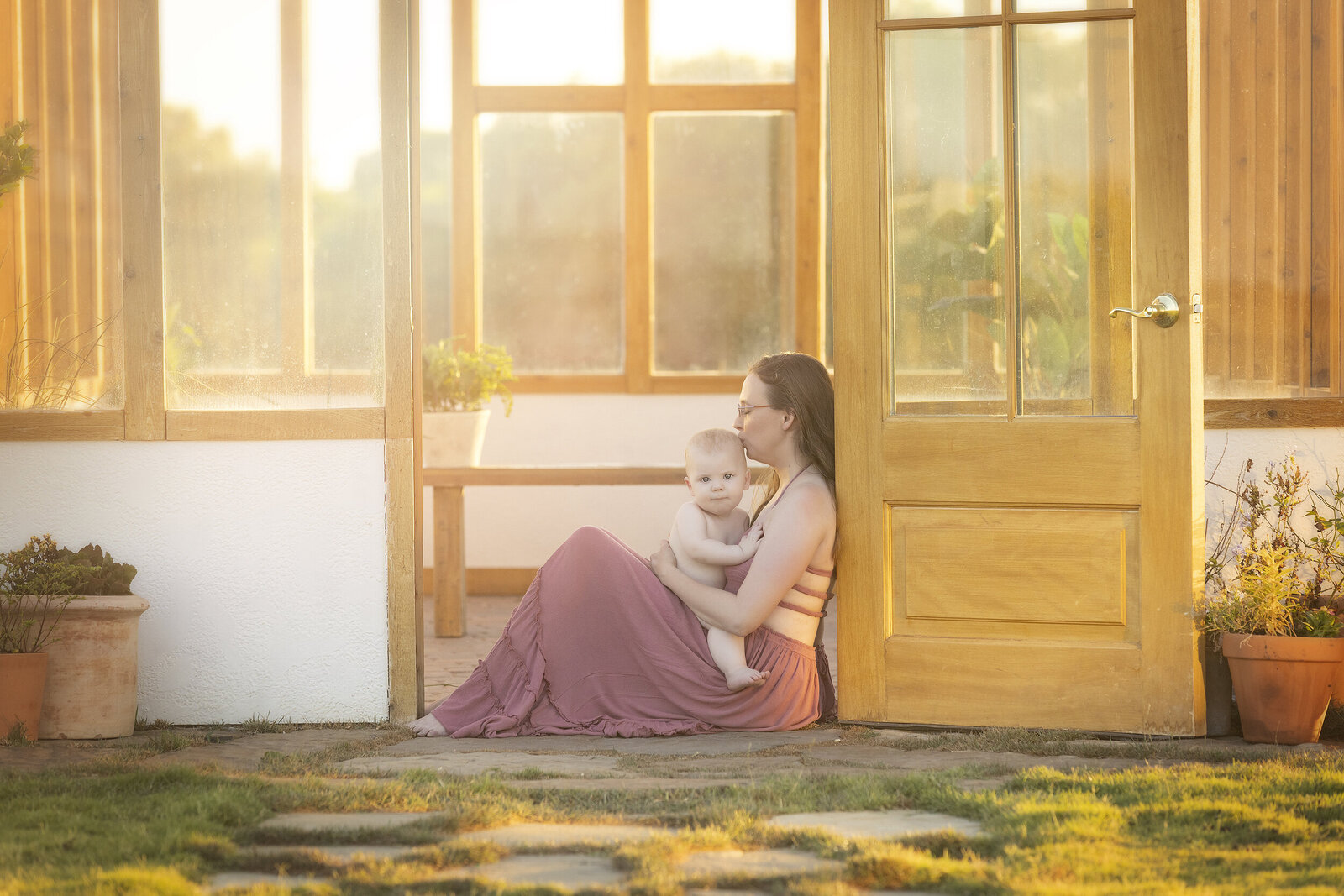 Mother and 9 month old baby in green house, Dallas family photography