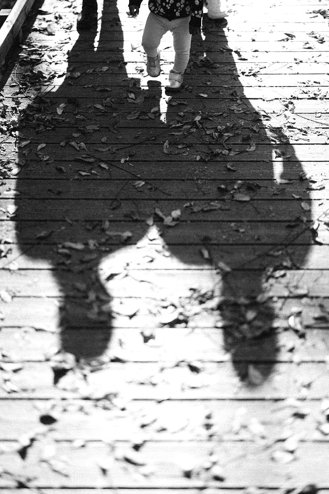 Silhouettes of a family walking on a leaf-covered boardwalk, highlighting their connection and autumn atmosphere.