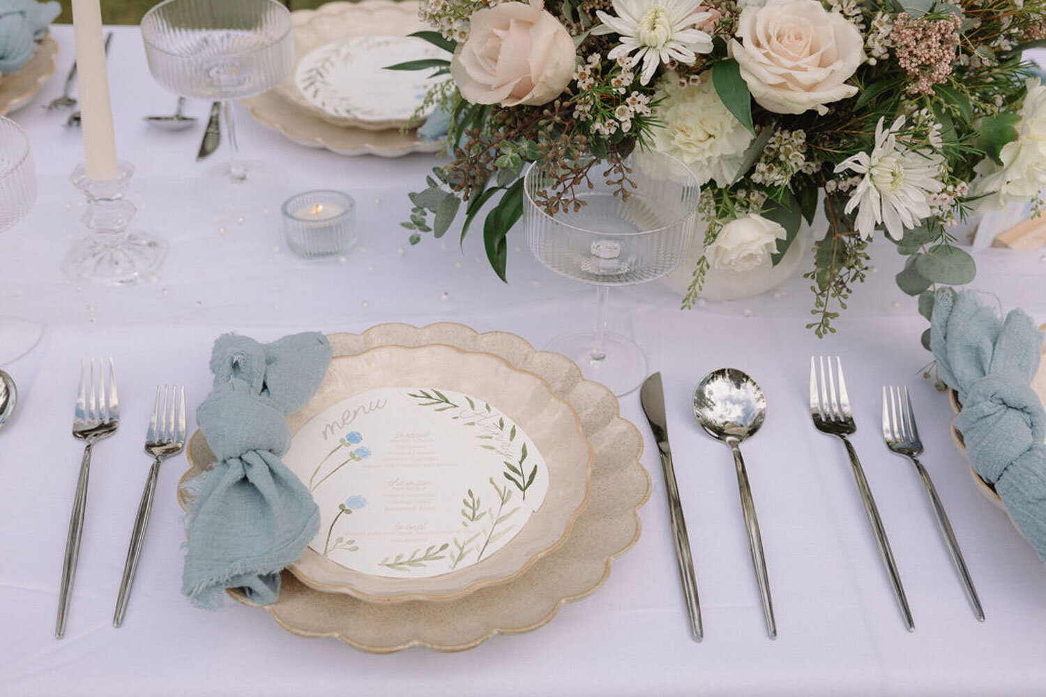 Outdoor table setup for wedding reception