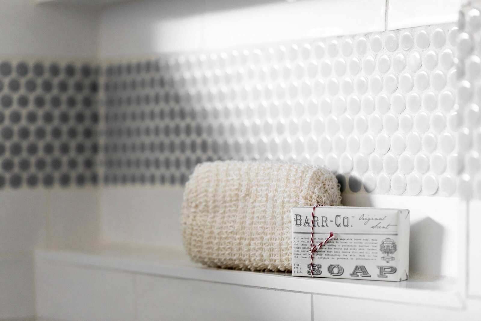 Nuela Designs Bathroom Interior Tile with Subway and Penny Round Stripe Tile Layout