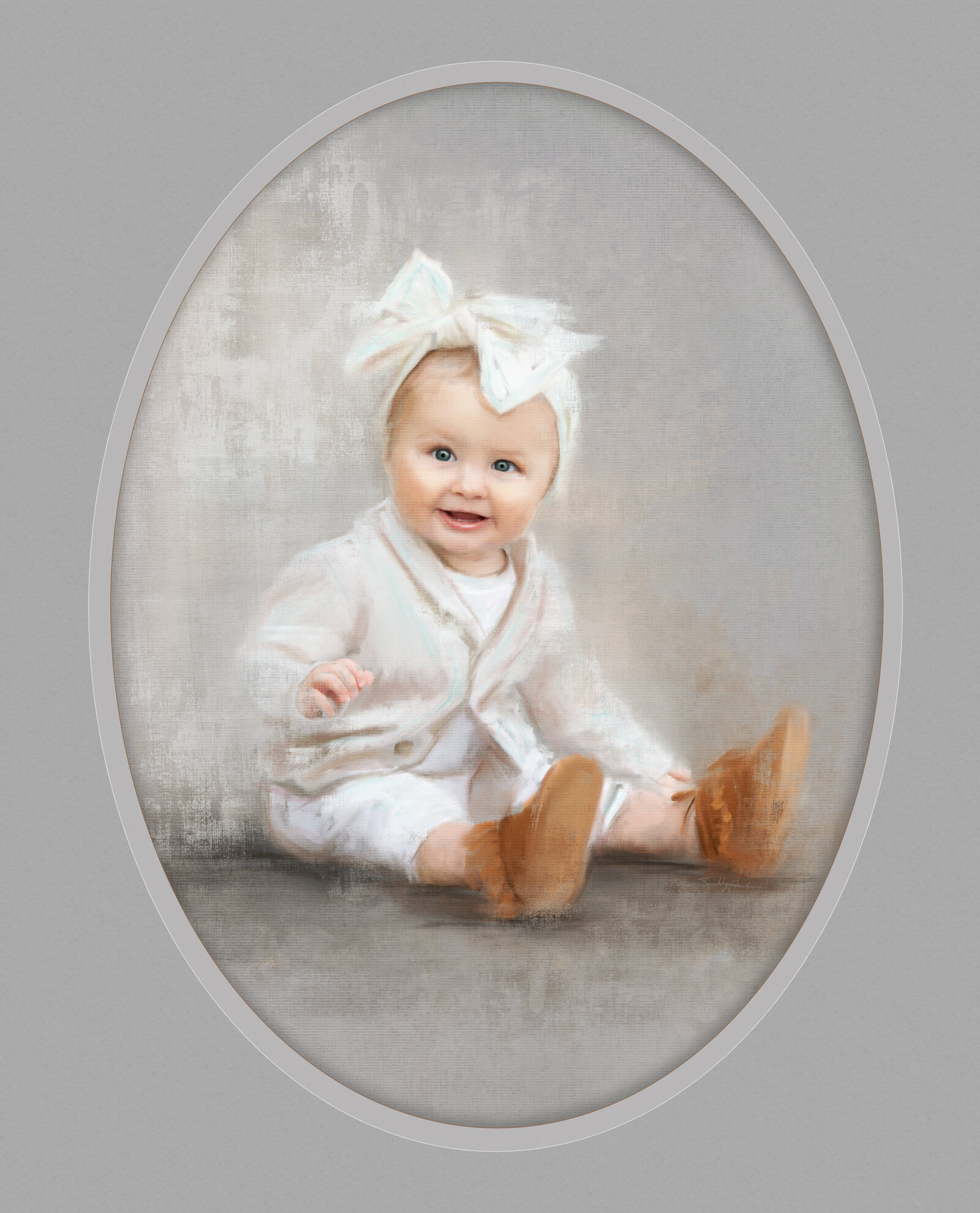 painted portrait, girl in big bow, white bow