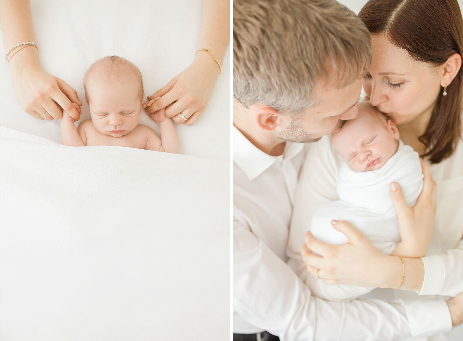 Collage Neugeborenenfotografie: Schlafendes Neugeborenes aus der Vogelperspektive. Familienfotografie mit Neugeborenem.