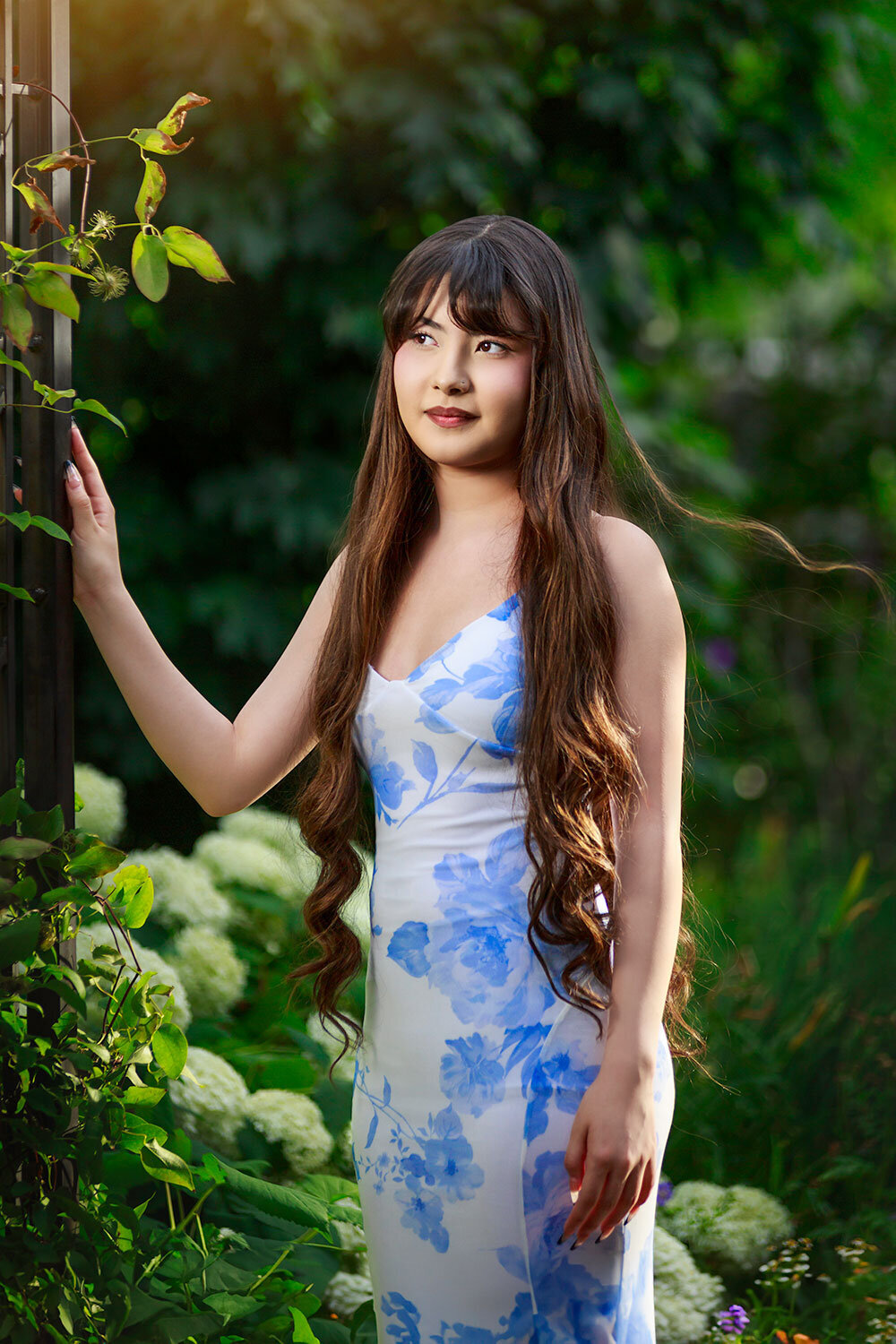 timeless-elegant-dreamy-look-senior-girl-denver-botanic-gardens-blue-flower-dress-arbor-white-hydrangea