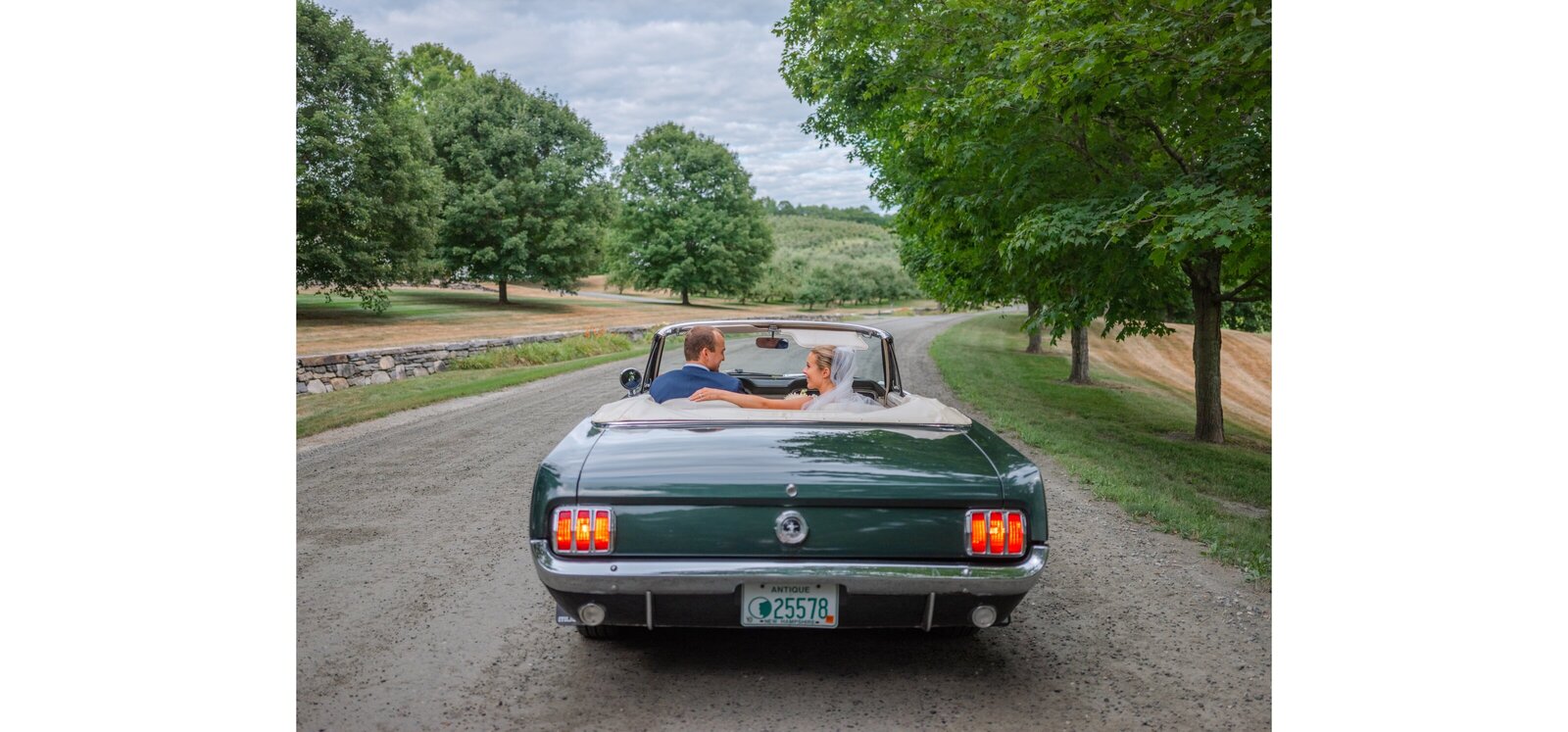 ford mustang convertible dark green wedding getaway woodstock vermont