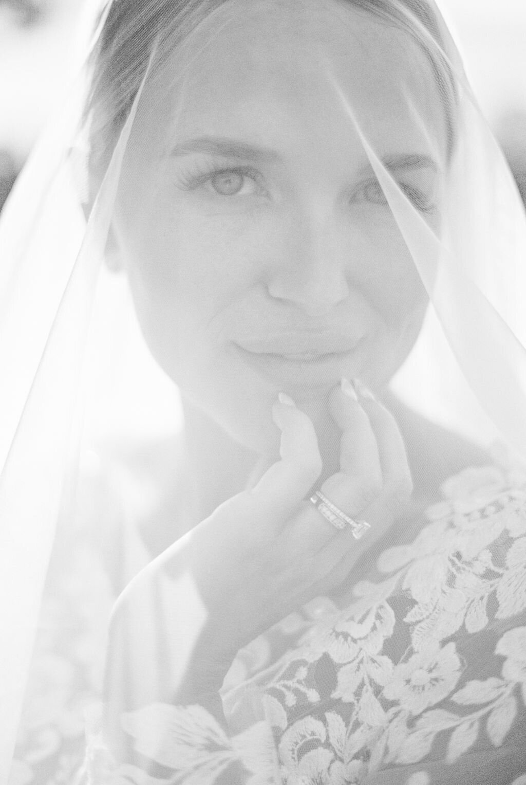 Black and white portrait of bride